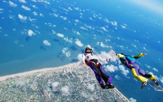 Обои парашютисты, море, парашют, пляж, камера флаер, камера, шлем, фрифлай, облака, контейнер, экстремальный спорт
