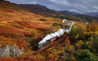 Картинка осень, дым, поезд, холмы, Шотландия