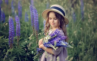 Обои поле, платье, букет, природа, люпины, цветы, Виктория Дубровская, ребёнок, девочка, шляпка, лето