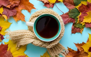 Обои leaves, wood, осень, листья, coffee cup, шарф, чашка кофе, autumn