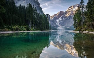 Картинка Италия, озеро, деревья, отражение, горы, пейзаж, Доломитовые Альпы