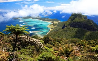Картинка Австралия, остров, океан, Lord Howe Island, панорама, облака, побережье, пальмы, горы