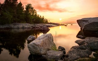 Картинка море, берега, природа, закат, лес, камни, пейзаж, Швеция, Балтийское море, солнце