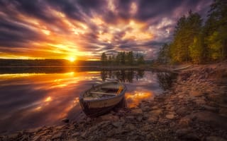 Картинка Ringerike, Норвегия, закат, лодка, Рингерике, озеро, Norway, деревья
