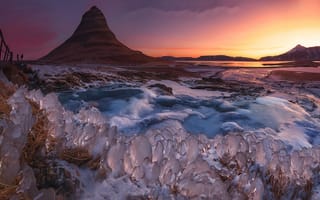 Картинка ice, waterfall, vulcano, sky, lirkjufell, sunset, cold, iceland