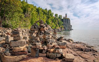 Картинка море, камни, USA, маяк, North Shore Park