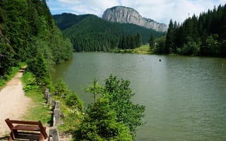 Картинка лес, скамейка, Romania, Red Lake, озеро