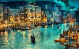 Картинка свет, гондола, огни, Италия, лодки, арт, Венеция, дома, канал, ночь