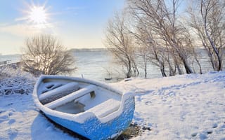 Картинка зима, рождество, лодка, снег, новый год, мороз