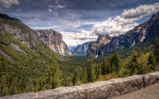 Картинка лес, водопад, USA, Йосемити, горы, Калифорния