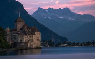 Картинка горы, озеро, Veytaux, lake Geneva, замок, Schloss Chillon, Швейцария