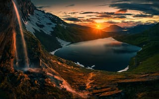 Картинка Northern, Lake, Sunrise, Norway, Mountains, Sunset