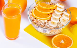 Картинка стакан, апельсин, мюсли, завтрак, сок