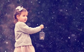 Картинка девочка, снег, Рождество, фонарь