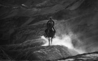 Картинка холмы, чёрно - белое, всадник, лошадь