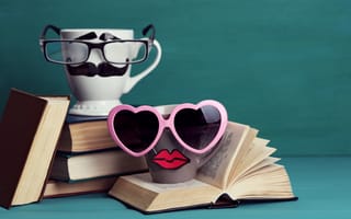 Картинка cute, funny, books, mustache, очки, кружка, кофе, cup, lips, книги, glasses