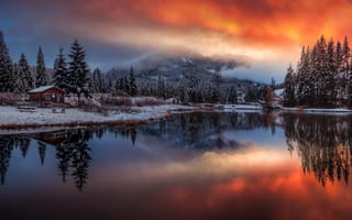 Картинка зима, горы, озеро, закат