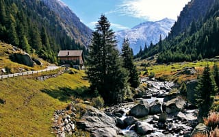 Картинка forest, river, mountains, shed, landscape, alpine, creek