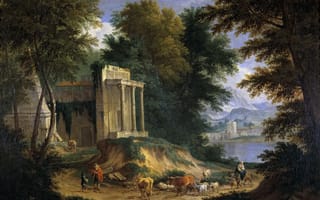 Картинка Адриан Франс Будевинс, развалины, Пейзаж с Руинами, море, картина, горы, деревья