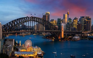 Картинка мост, залив, Харбор-Бридж, освещение, вечер, здания, небоскрёбы, Сидней, Австралия, бухта, город, дома