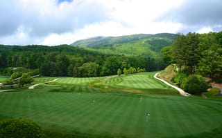 Картинка США, Carolina, зелень, флажки, поля, деревья, гольф, газон