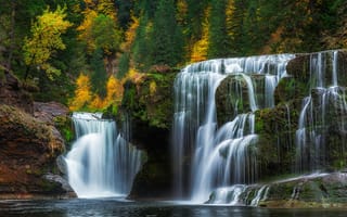 Картинка Lower Lewis River Falls, каскад, Lewis River, осень, штат Вашингтон, водопад, лес, Washington, река Льюис