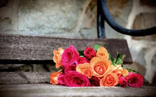 Картинка цветы, скамья, розы, букет