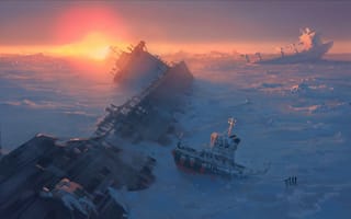 Картинка apocalypse, снег, корабль, лед, alexiuss, океан, frozen, art, море, фантастика