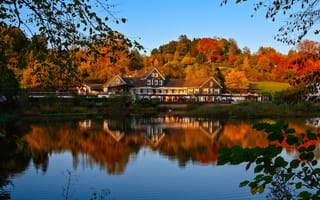 Картинка осень, лес, озеро, пейзаж, отражение, берег, дом, природа, ветки