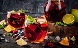 Картинка лед, стакан, кувшин, напиток, яблоки, апельсин, цитрус, лайм