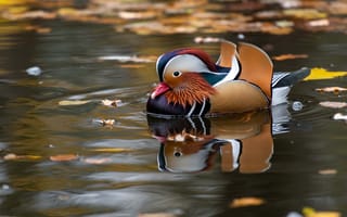 Картинка осень, листья, пруд, утки, уточка, отражение, вода, птица