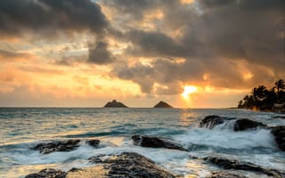 Картинка океан, восход, Hawaii, скалы, Гавайи, камни