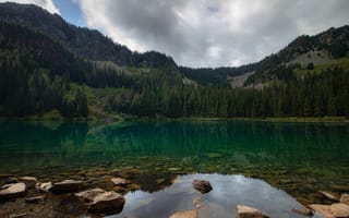 Картинка лес, горы, камни, озеро, водоем