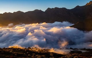 Картинка горы, туман, клубится, утро, скалы