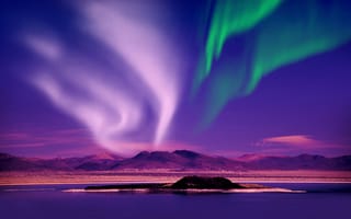 Картинка Природа, Полярное сияние, Небо, Река, Норвегия, Ночь, Холмы