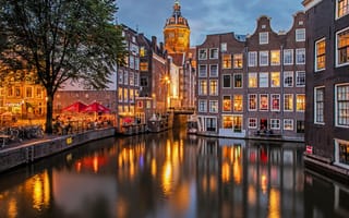 Картинка здания, дома, Де Валлен, Амстердам, канал, вечер, уличное кафе, Netherlands, набережная, Нидерланды, De Wallen, Amsterdam