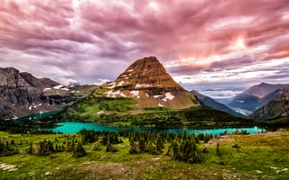 Картинка Канада, озеро, горы, деревья, камни, Glacier National Park, облака, скалы