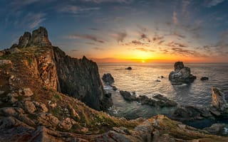 Картинка море, небо, скалы, берег, закат, камни