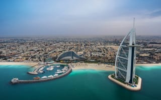 Картинка Burj Al Arab, Персидский залив, Бурдж-эль-Араб, Джумейра-Бич-отель, панорама, пляж, здания, ОАЭ, побережье, отели, Persian Golf, Дубай, UAE, Jumeirah Beach Hotel, Dubai, бухта, море