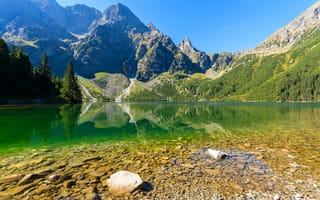 Картинка Польша, скалы, деревья, камни, Tatra National Park, озеро, Lake Morskie Oko, горы