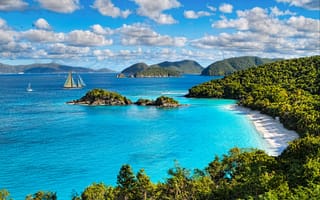 Картинка США, пляж, солнце, яхты, Virgin Islands National Park, острова, St. John, камни, море, деревья, побережье, облака