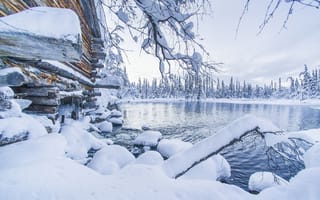 Картинка Äkäslompolo, Finland, сугробы, снег, зима, Финляндия, озеро, Акасломполо, Лапландия, Ylläs, Lapland, Юлляс