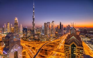 Картинка здания, небоскрёбы, дороги, Dubai, ОАЭ, UAE, Бурдж-Халифа, Дубай, ночной город, дома, Burj Khalifa