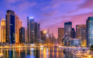 Картинка здания, гавань, дома, ночной город, катера, яхты, небоскрёбы, Дубай Марина, Dubai, Дубай, UAE, Dubai Marina, залив, ОАЭ