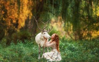 Картинка лес, Анастасия Бармина, животное, природа, девушка, олень, рыжая