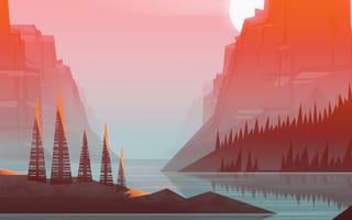 Картинка солнце, пейзаж, стиль, горы, арт, озеро, минимализм, река