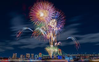 Картинка мост, Радужный мост, Odaiba Rainbow Fireworks 2019, Япония, Japan, Tokyo, фейерверк, Tokyo Bay, ночной город, Odaiba Seaside Park, Rainbow Bridge, Токио, Токийский залив