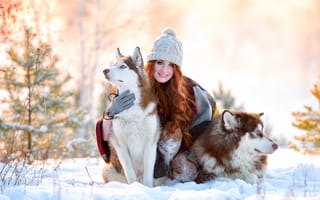 Картинка зима, девушка, собаки, снег, радость, рыжая, шапка, хаски, улыбка