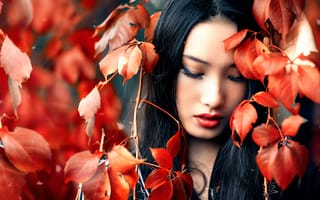 Картинка Zhen, Alessandro Di Cicco, боке, листья, макияж
