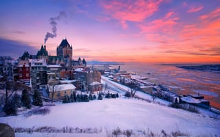 Картинка зима, Квебек, снег, Quebec, Canada, Канада, Quebec City, Река Святого Лаврентия, Saint Lawrence River, здания, река, дома, закат